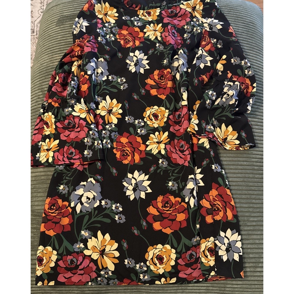 Fleur Bleue Dark Floral Midi Dress 12 long bell sleeves boho feminine fairy goth - Picture 3 of 8